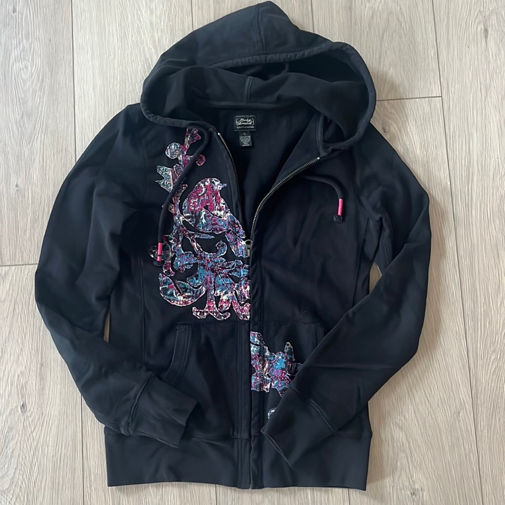 NWOT Lucky Brand Black Embroidered Zip Hoodie